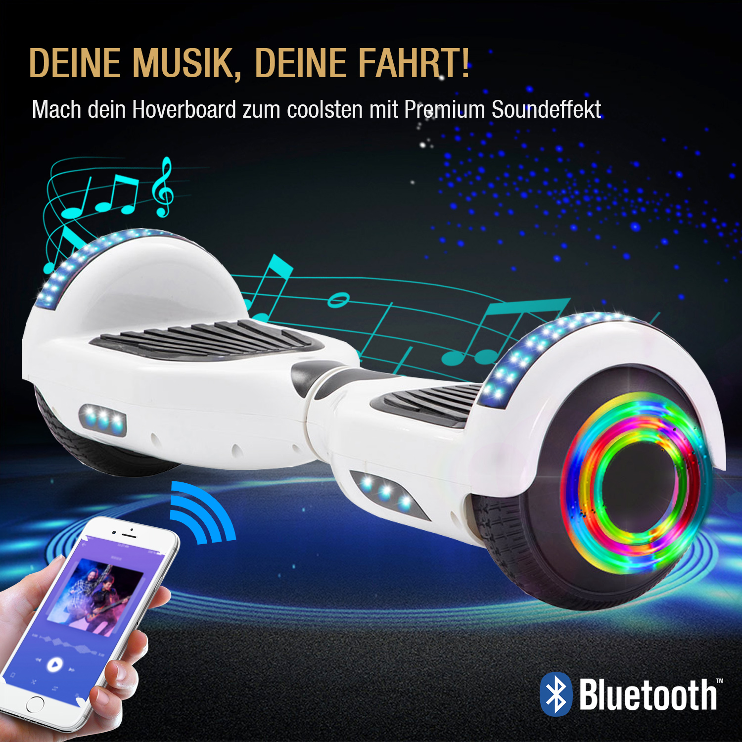 Neues 6,5" weißes Hoverboard für Kinder, mit Bluetooth Musik Lautsprecher und Disco LED Licht - 500W 12km/h-Hoverboarde