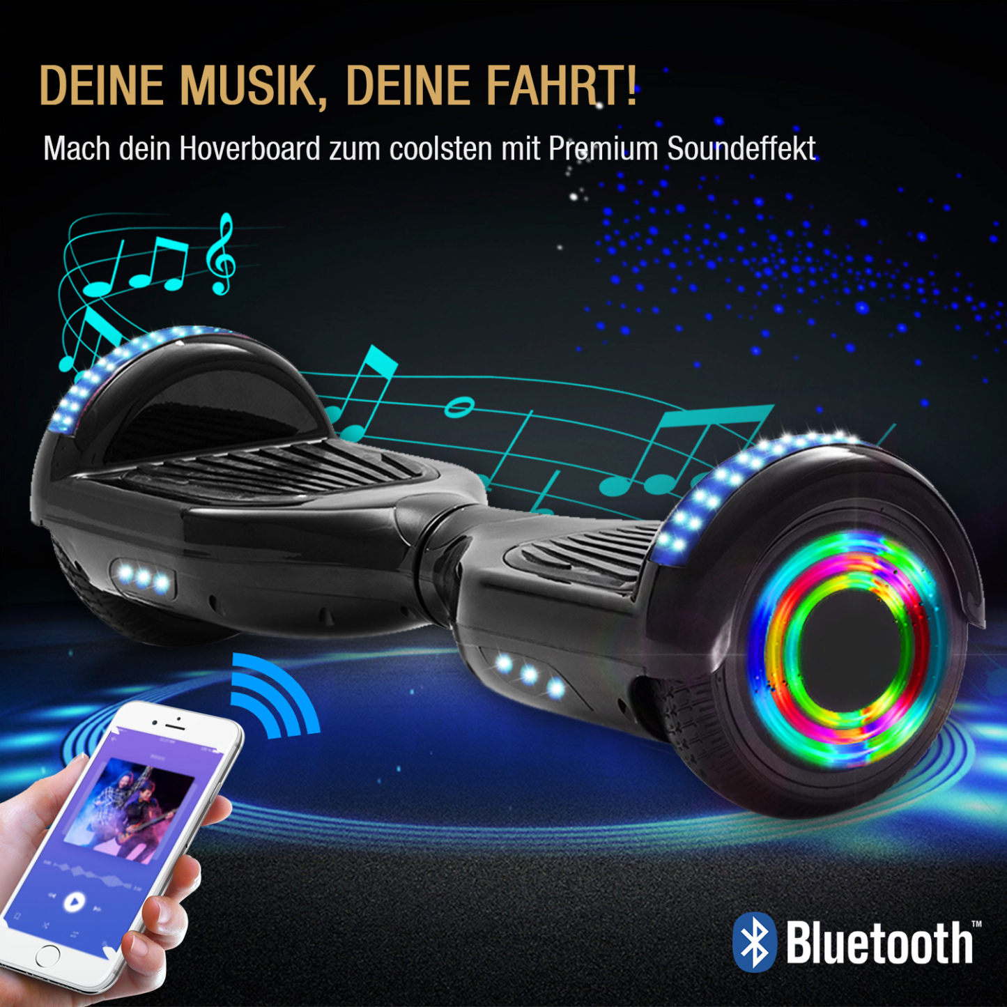 Neues 6,5" schwarzes Hoverboard für Kinder, mit Bluetooth Musik Lautsprecher und Disco LED Licht - 500W 12km/h-Hoverboarde