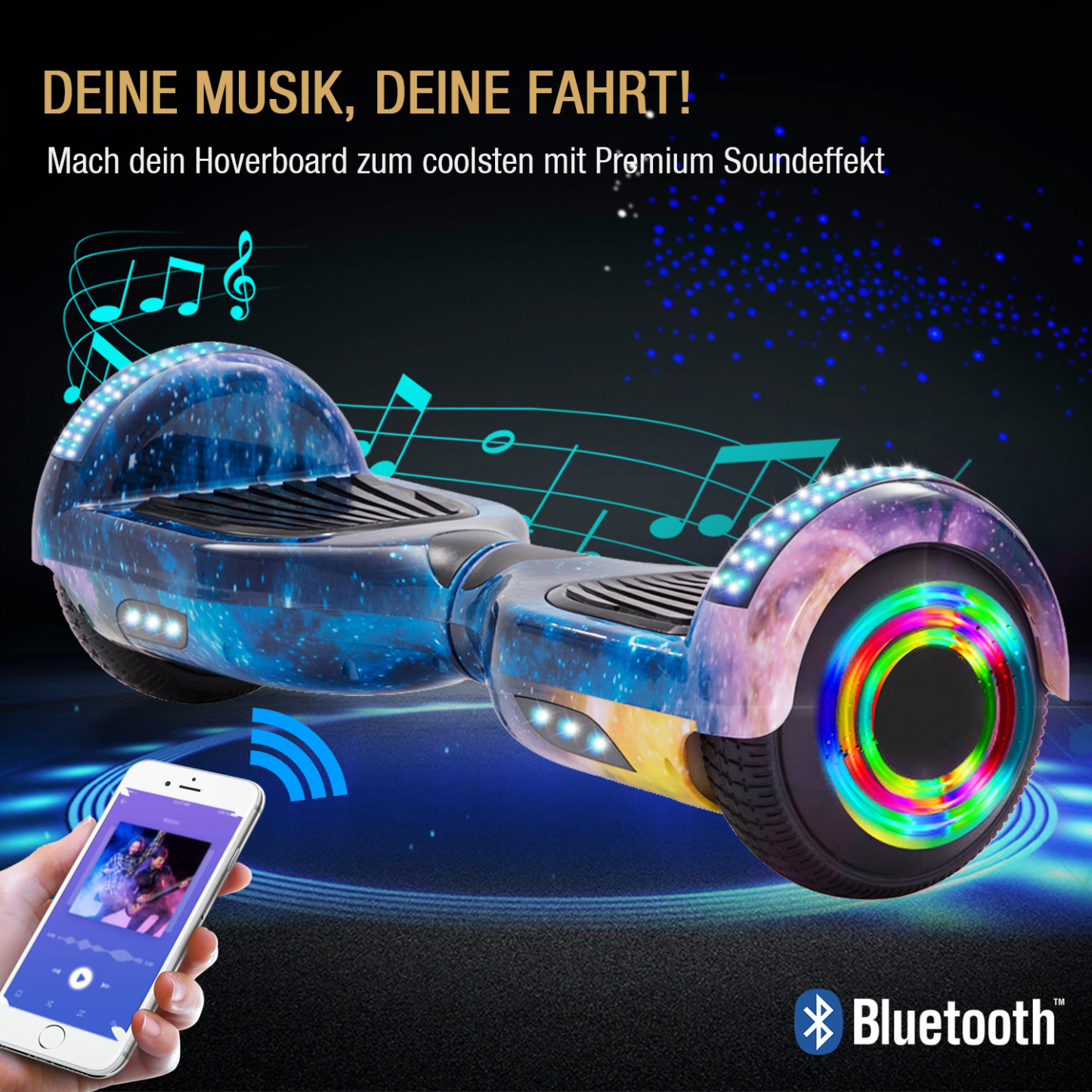 Neues 6,5" blaue Galaxie Hoverboard für Kinder, mit Bluetooth Musik Lautsprecher und Disco LED Licht - 500W 12km/h-Hoverboarde