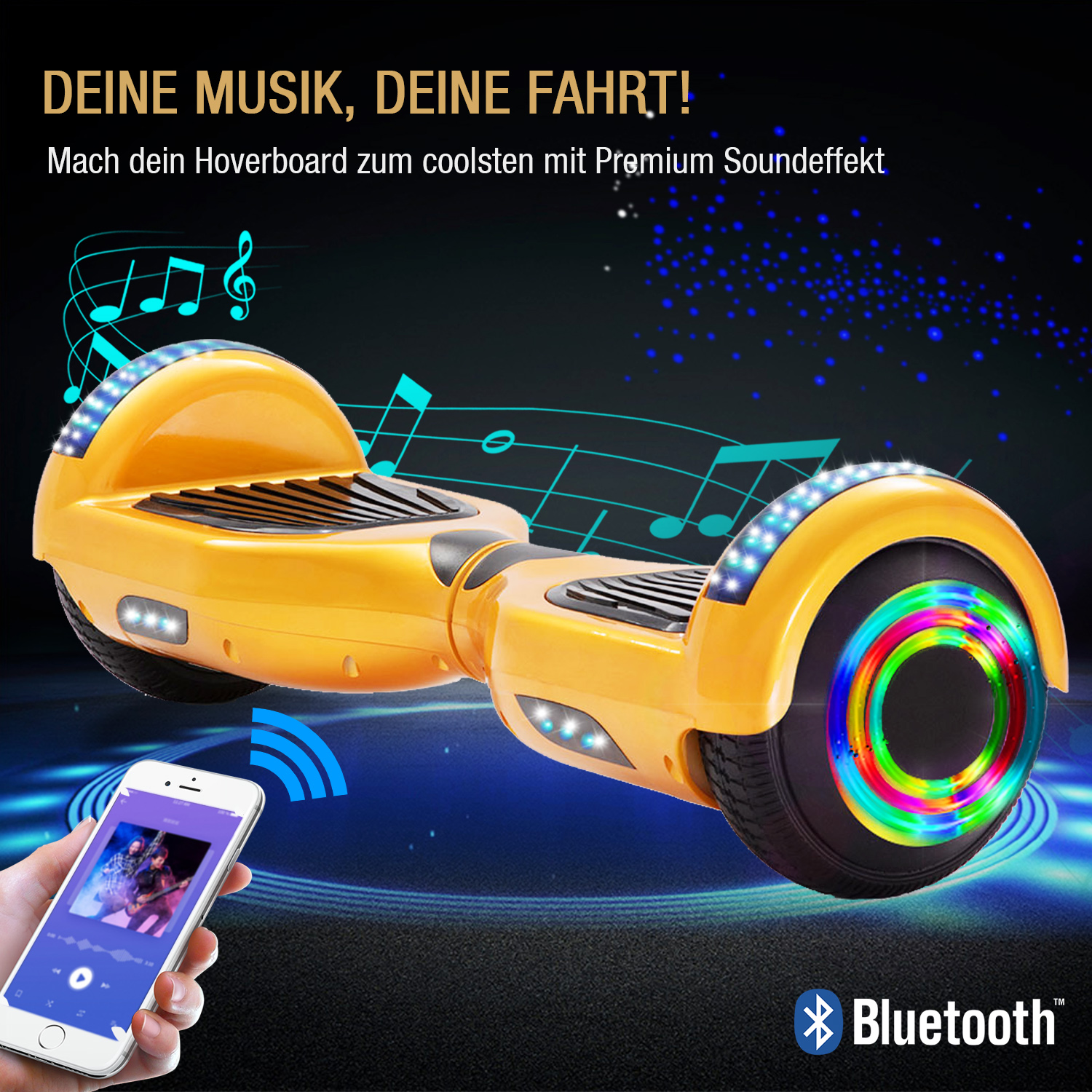 Neues 6,5" gold Hoverboard für Kinder, mit Bluetooth Musik Lautsprecher und Disco LED Licht - 500W 12km/h-Hoverboarde