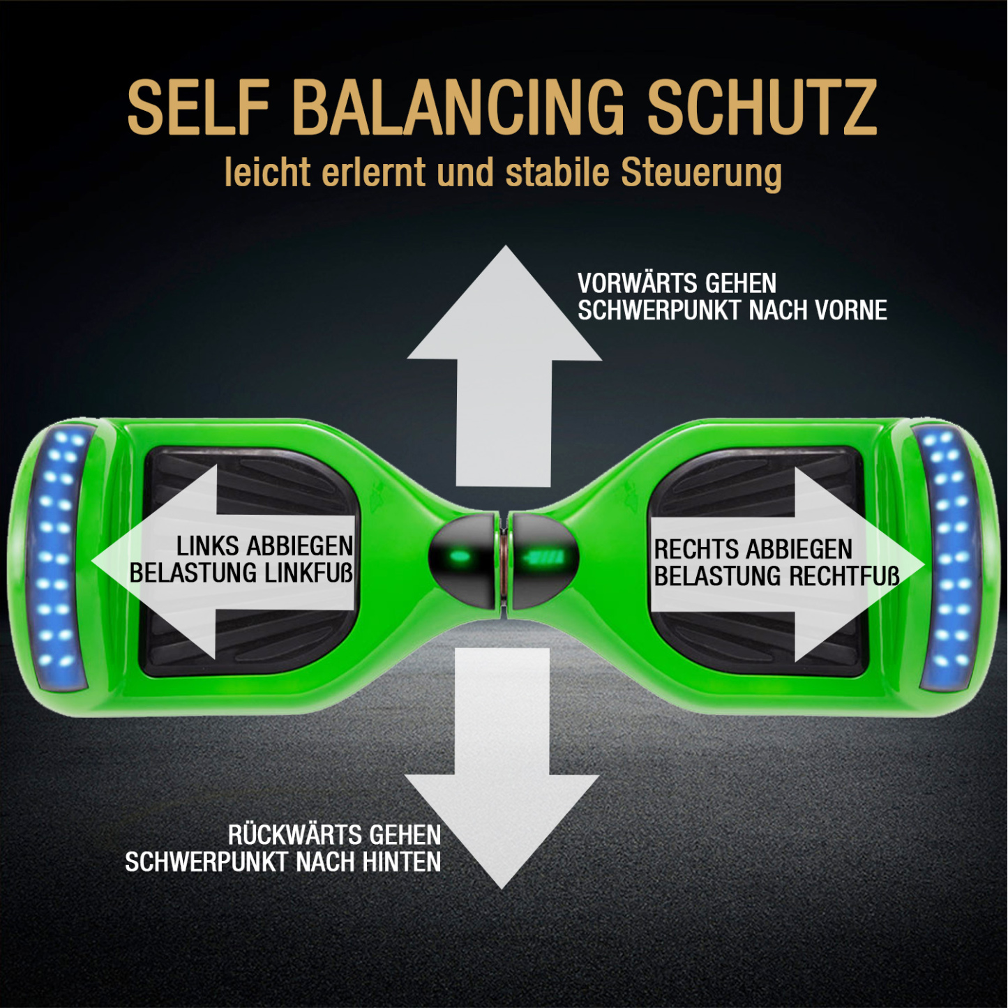 Neues 6,5" Hoverboard grün mit Bluetooth Musik Lautsprecher und LED Licht - 500W 12km/h-Hoverboarde