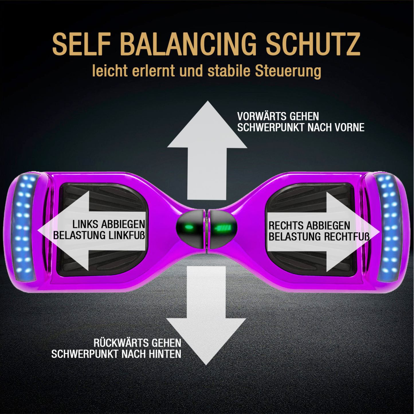 6,5 Zoll Chrom Lila Hoverboard für Kinder Bluetooth Lautsprecher Musik LED Lichter Deutschland