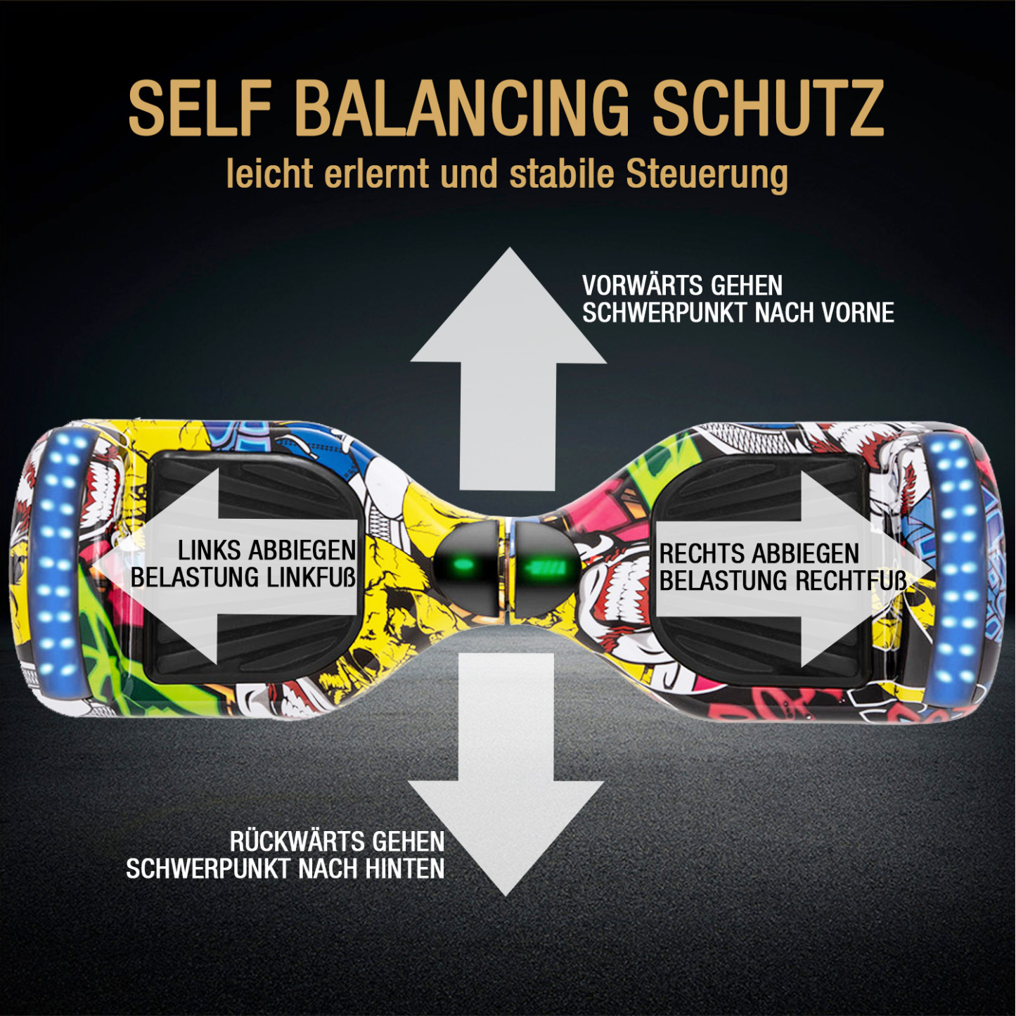 6,5 Zoll Graffiti-Gelb Hip Hop Hoverboard für Kinder Bluetooth Lautsprecher Musik LED Lichter Deutschland