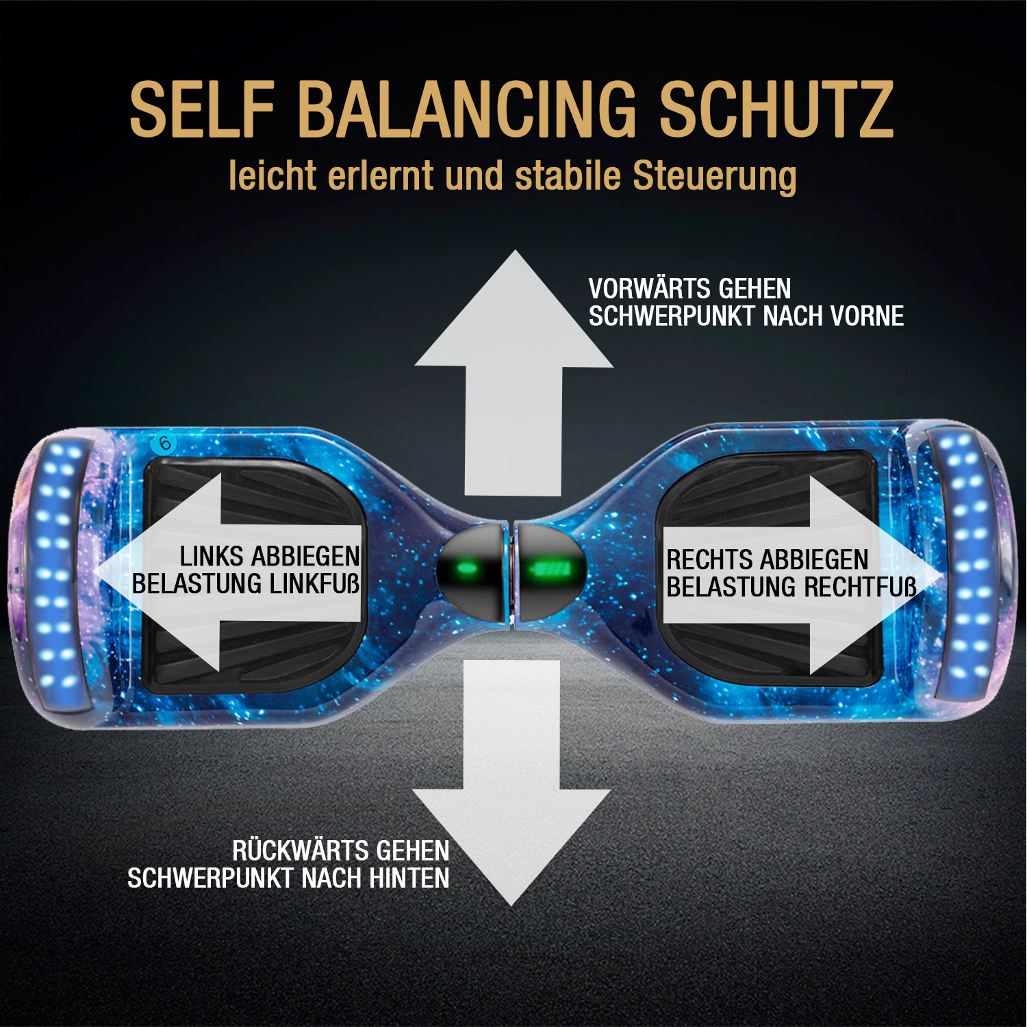 Neues 6,5" Galaxy Hoverboard blau mit Bluetooth Musik Lautsprecher und LED Licht - 500W 12km/h-Hoverboarde
