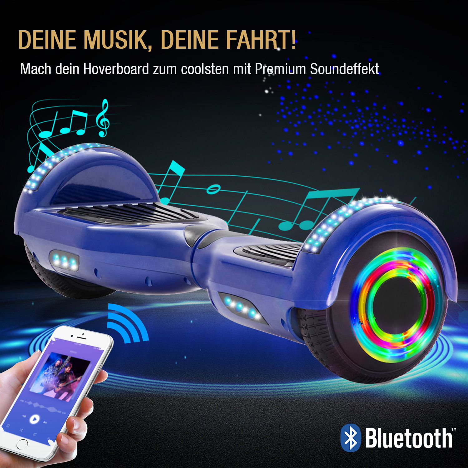 Neues 6,5" blaues Hoverboard für Kinder, mit Bluetooth Musik Lautsprecher und Disco LED Licht - 500W 12km/h-Hoverboarde