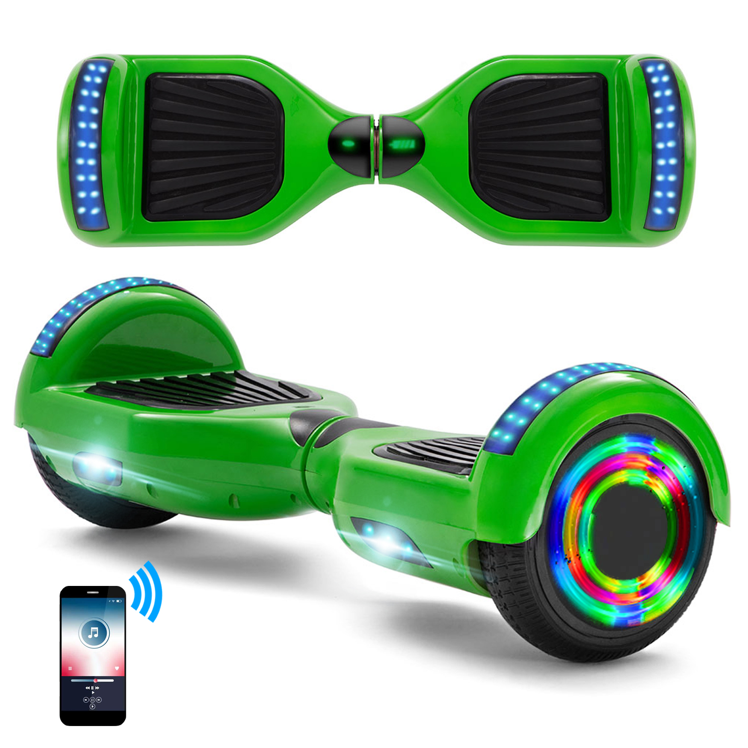 Neues 6,5" grünes Hoverboard für Kinder, mit Bluetooth Musik Lautsprecher und Disco LED Licht - 500W 12km/h-Hoverboarde