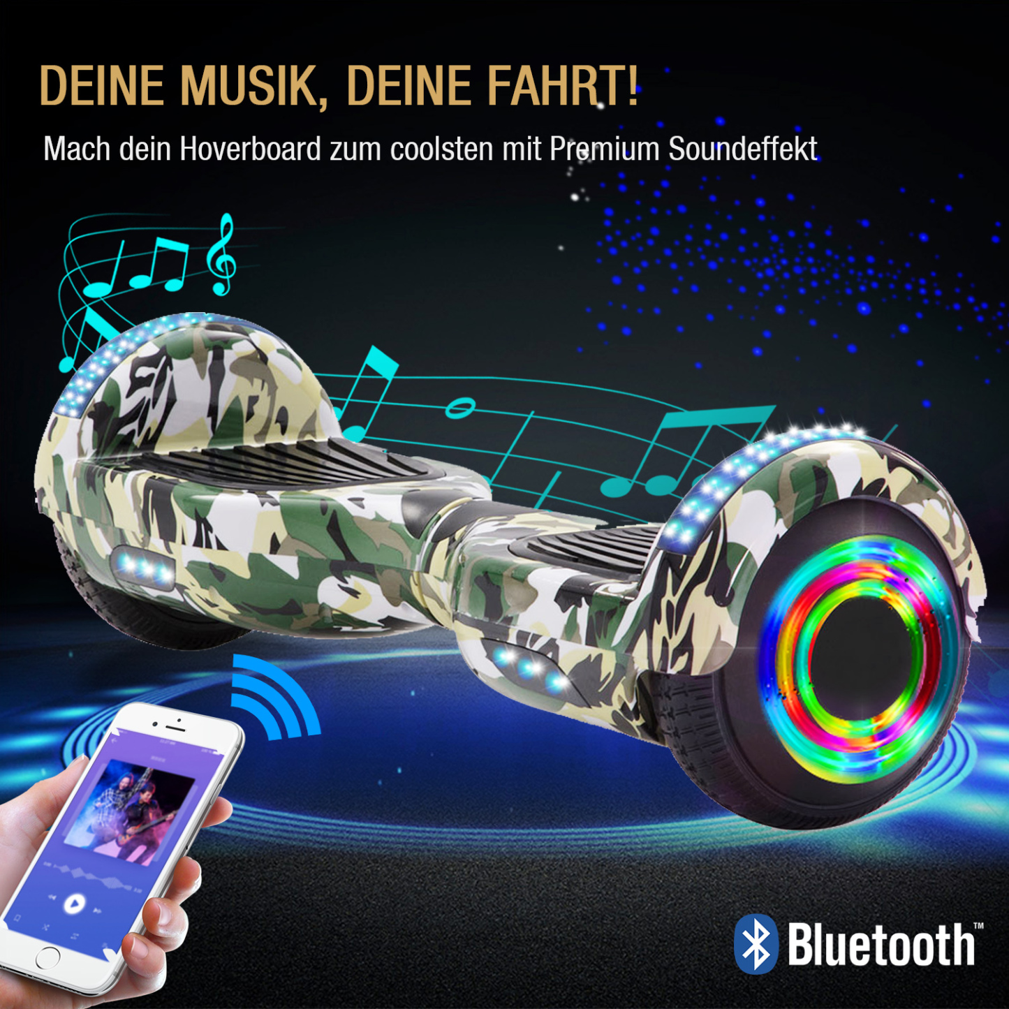 Neues 6,5" Camouflage grünes Hoverboard für Kinder, mit Bluetooth Musik Lautsprecher und Disco LED Licht - 500W 12km/h-Hoverboarde