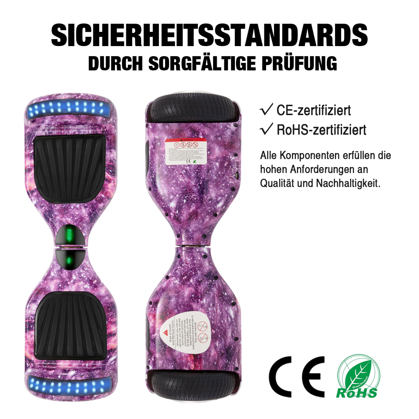 6,5" Galaxy Hoverboard lila mit Bluetooth, Musik Lautsprecher und Led Leuchten - 500W 12km/h