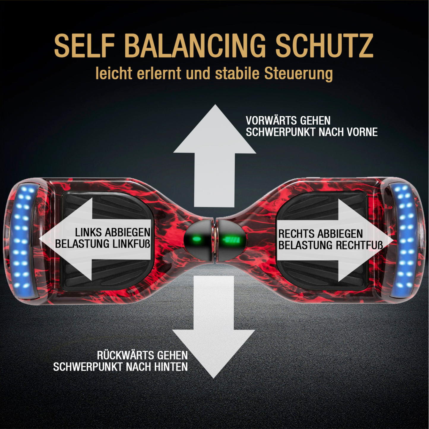 6,5 Zoll Flammenrot Hoverboard für Kinder Bluetooth Lautsprecher Musik LED Lichter Deutschland