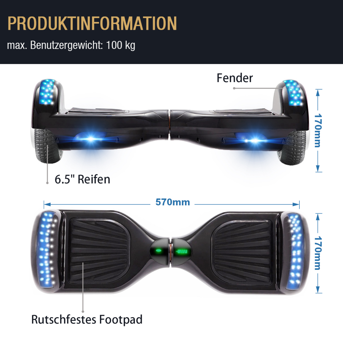 Neues 6,5" Hoverboard schwarz mit Bluetooth Musik Lautsprecher und LED Licht - 500W 12km/h-Hoverboarde