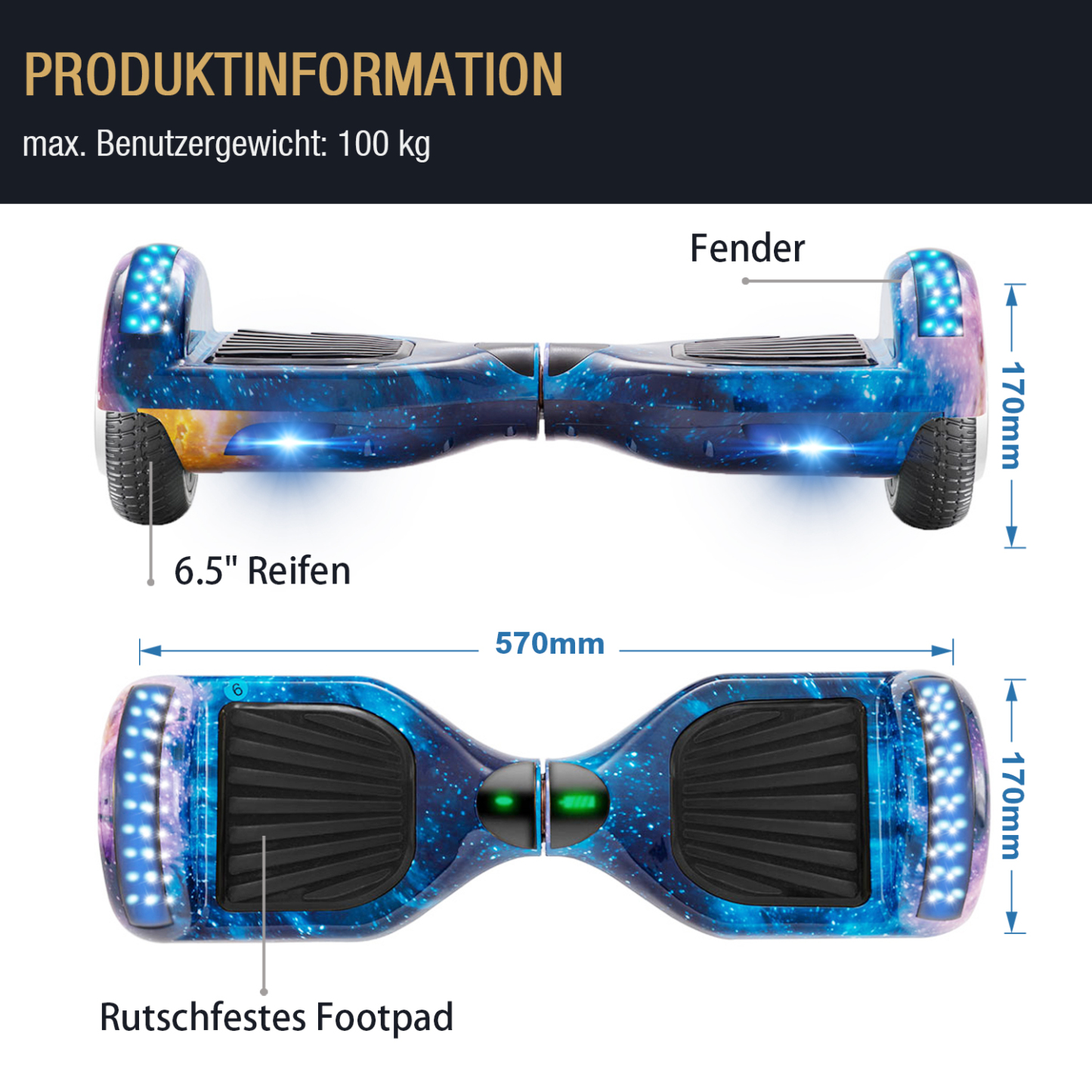 Neues 6,5" Galaxy Hoverboard blau mit Bluetooth Musik Lautsprecher und LED Licht - 500W 12km/h-Hoverboarde