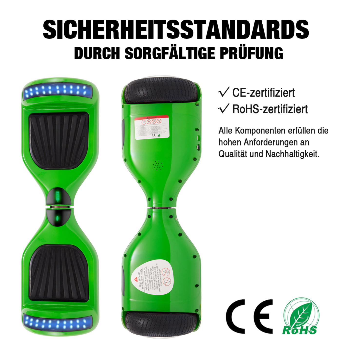 Neues 6,5" Hoverboard grün mit Bluetooth Musik Lautsprecher und LED Licht - 500W 12km/h-Hoverboarde