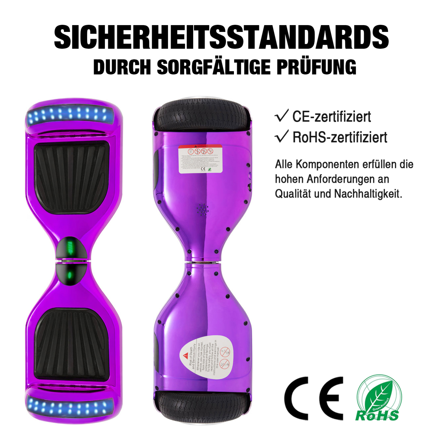 6,5" Hoverboard lila mit Bluetooth, Musik Lautsprecher und Led Leuchten - 500W 12km/h