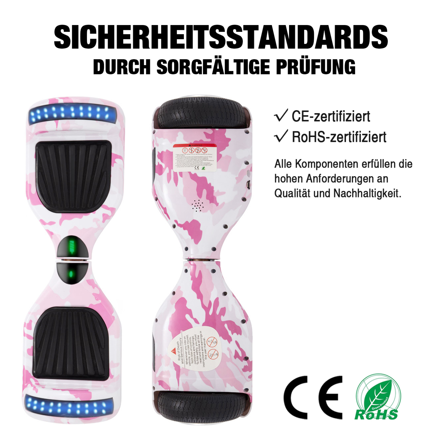 Neues 6,5" Camouflage Hoverboard rosa mit Bluetooth Musik Lautsprecher und LED Licht - 500W 12km/h-Hoverboarde
