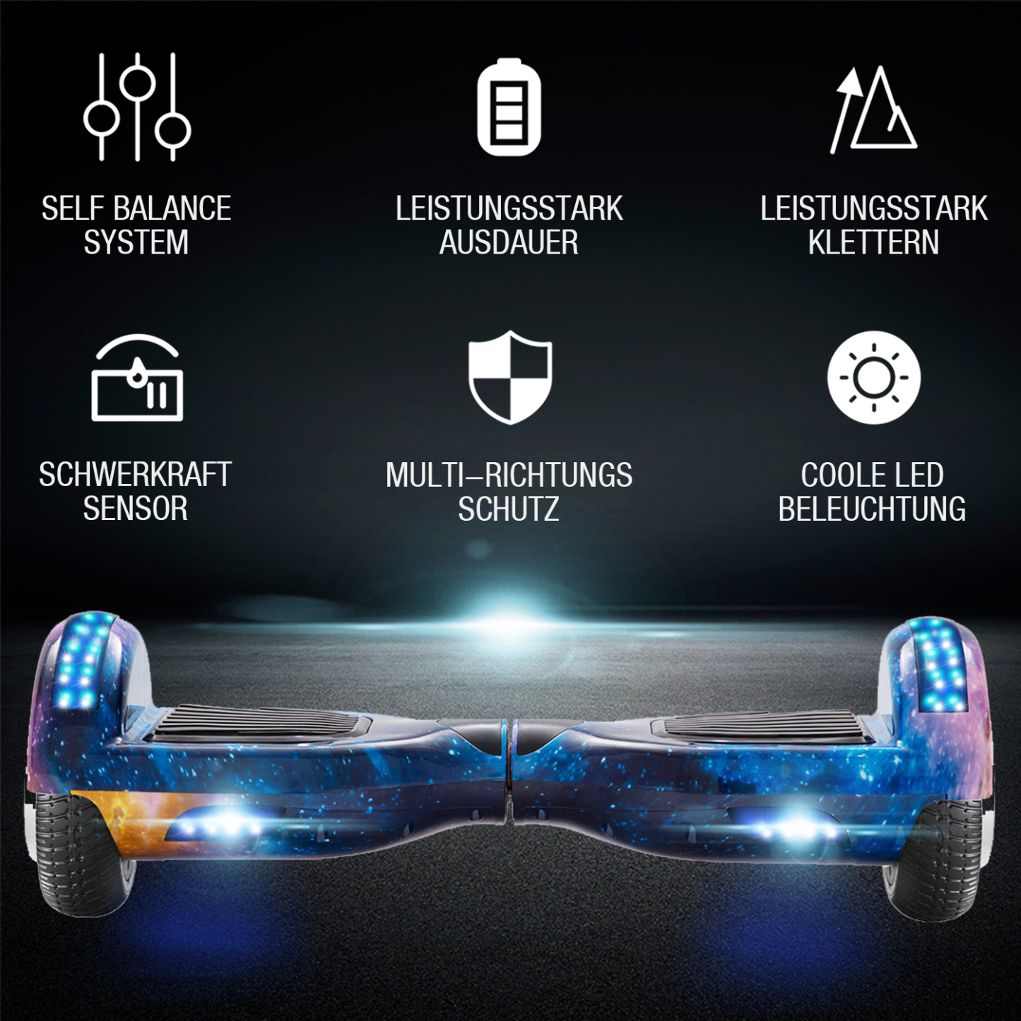 Neues 6,5" Galaxy Hoverboard blau mit Bluetooth Musik Lautsprecher und LED Licht - 500W 12km/h-Hoverboarde