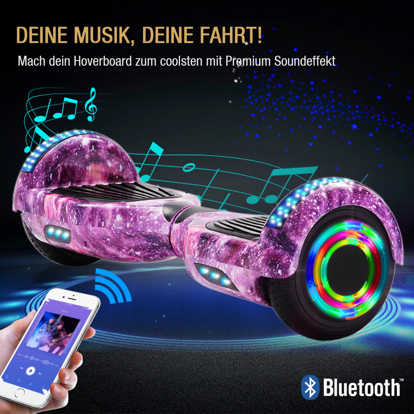 18 Farben Neue 6,5" Hoverboards für Kinder, mit Bluetooth Musik Lautsprecher und Disco LED Licht - 500W 12km/h