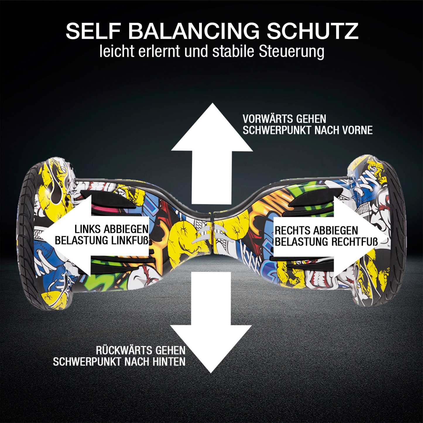 10" Hip Hop Graffiti Hoverboard mit Bluetooth, Musik Lautsprecher und Led Leuchten - 700W 15km/h-Hoverboarde