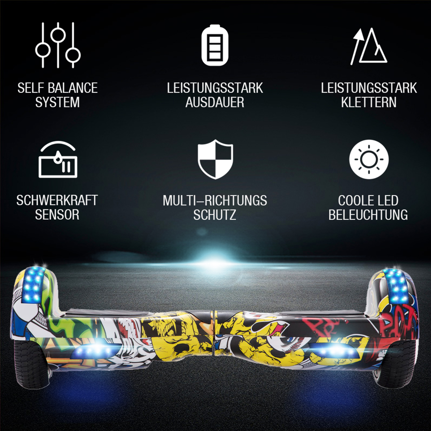 6,5 Zoll Graffiti-Gelb Hip Hop Hoverboard für Kinder Bluetooth Lautsprecher Musik LED Lichter Deutschland