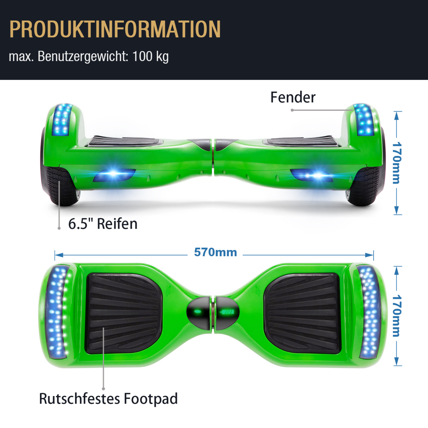 Neues 6,5" Hoverboard grün mit Bluetooth Musik Lautsprecher und LED Licht - 500W 12km/h-Hoverboarde