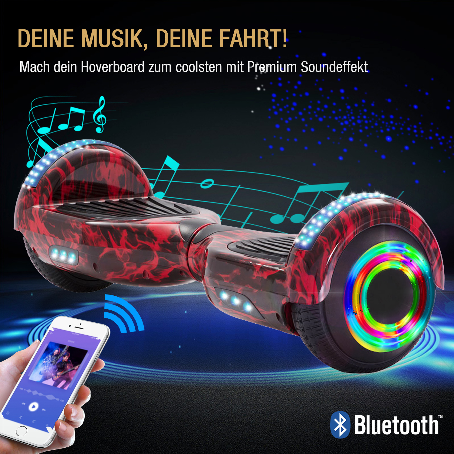 6,5 Zoll Flammenrot Hoverboard für Kinder Bluetooth Lautsprecher Musik LED Lichter Deutschland