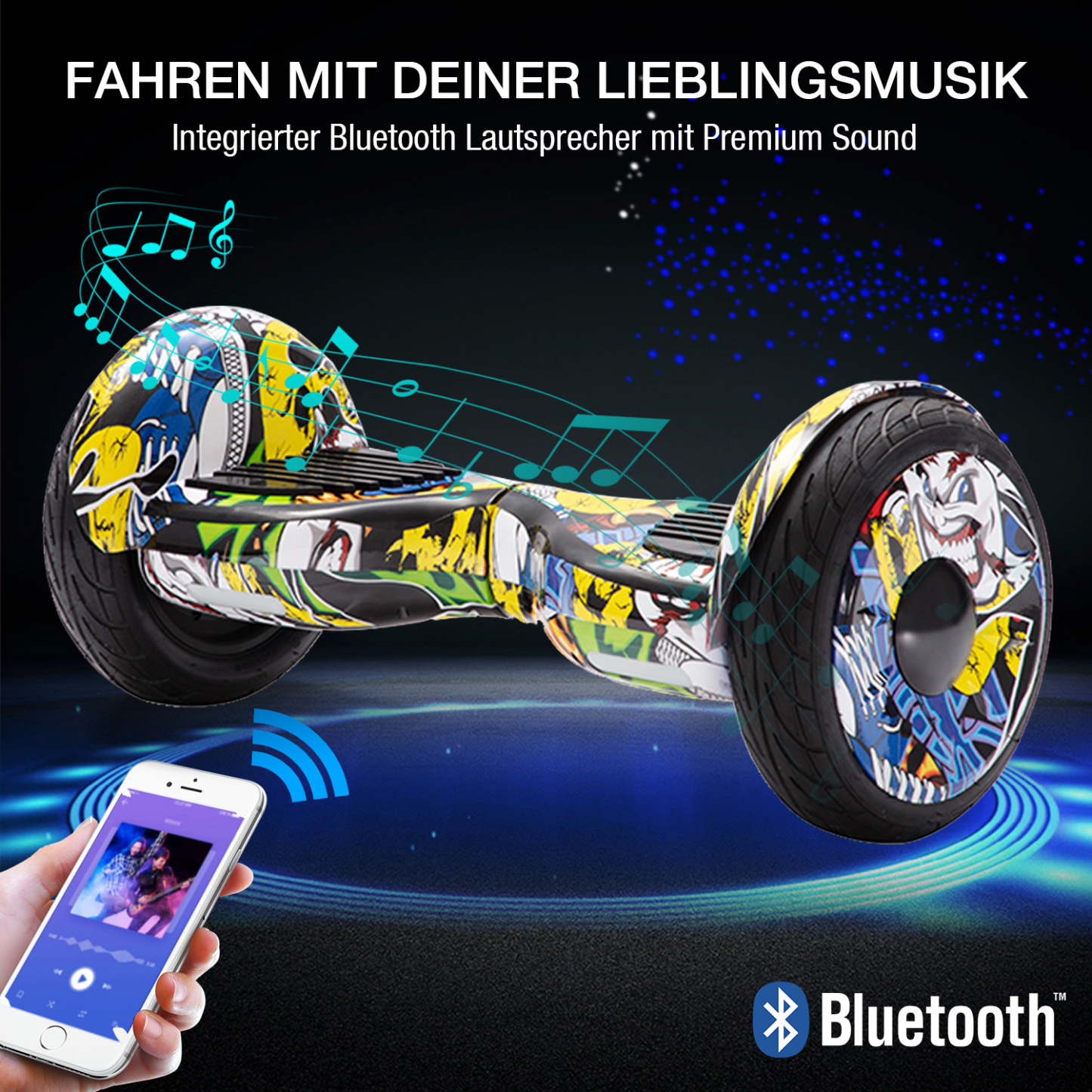 10" Hip Hop Graffiti Hoverboard mit Bluetooth, Musik Lautsprecher und Led Leuchten - 700W 15km/h-Hoverboarde