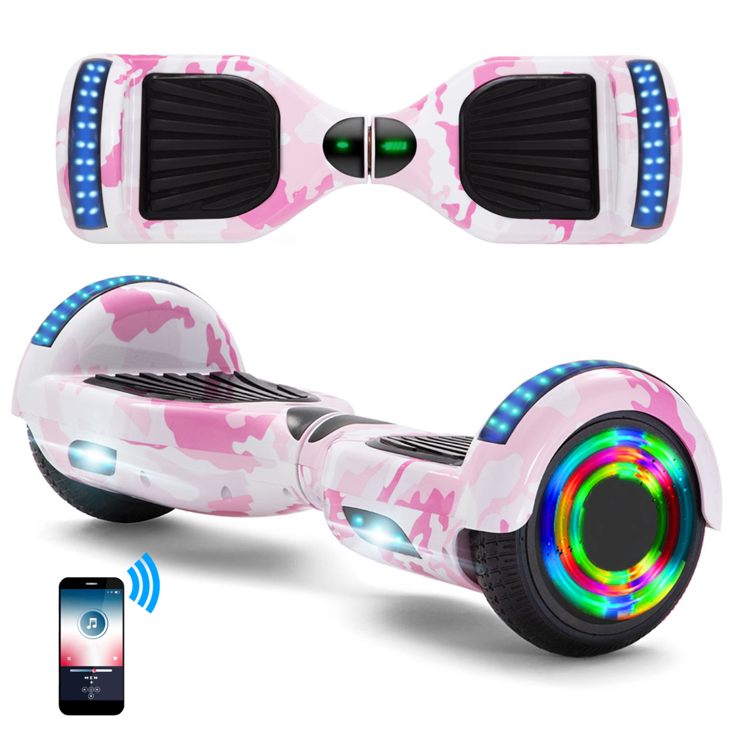 Neues 6,5" Camouflage pink Hoverboard für Kinder, mit Bluetooth Musik Lautsprecher und Disco LED Licht - 500W 12km/h-Hoverboarde