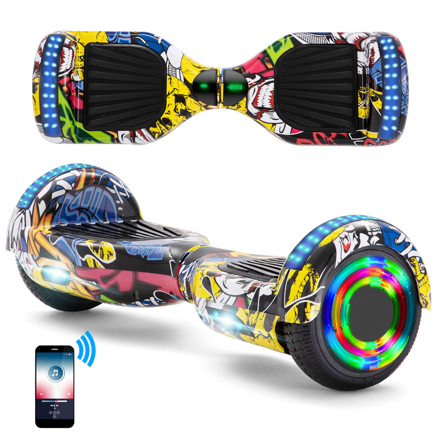6,5 Zoll Graffiti-Gelb Hip Hop Hoverboard für Kinder Bluetooth Lautsprecher Musik LED Lichter Deutschland