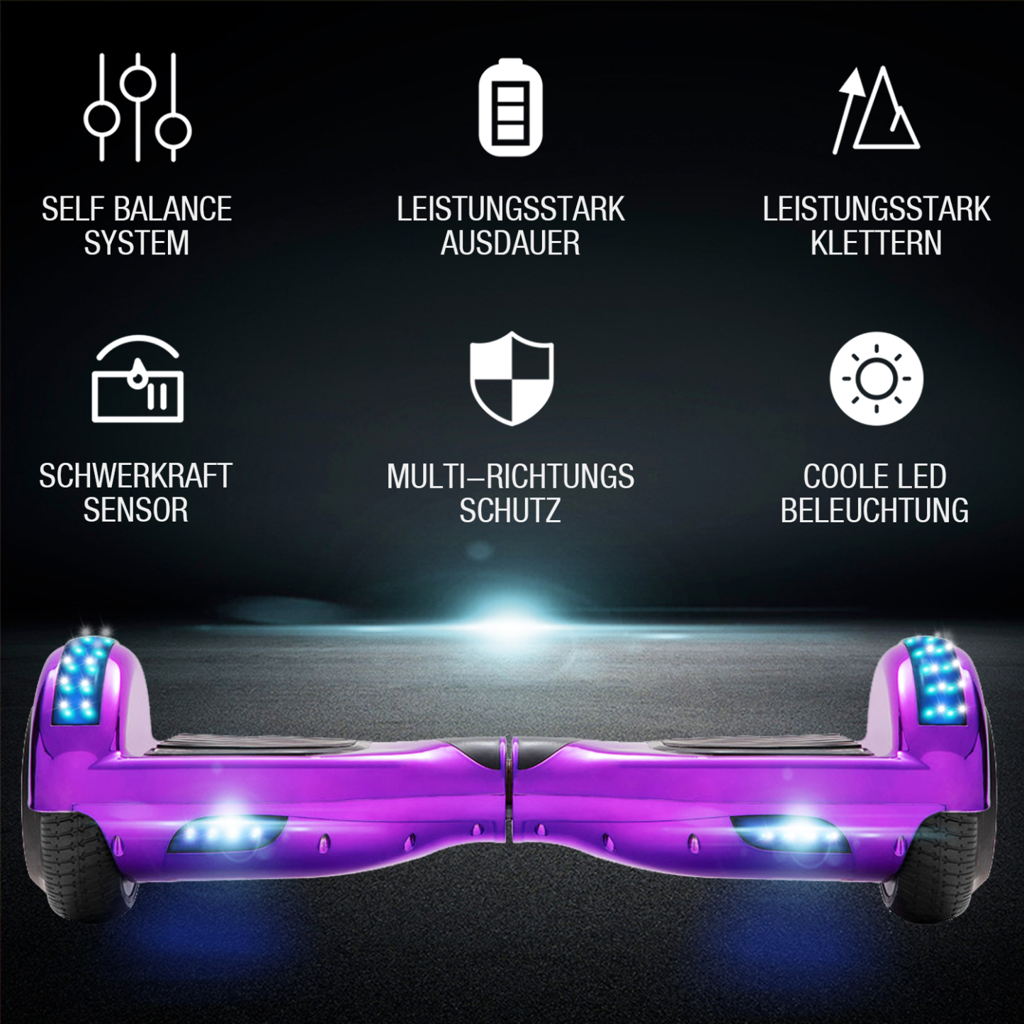 6,5 Zoll Chrom Lila Hoverboard für Kinder Bluetooth Lautsprecher Musik LED Lichter Deutschland