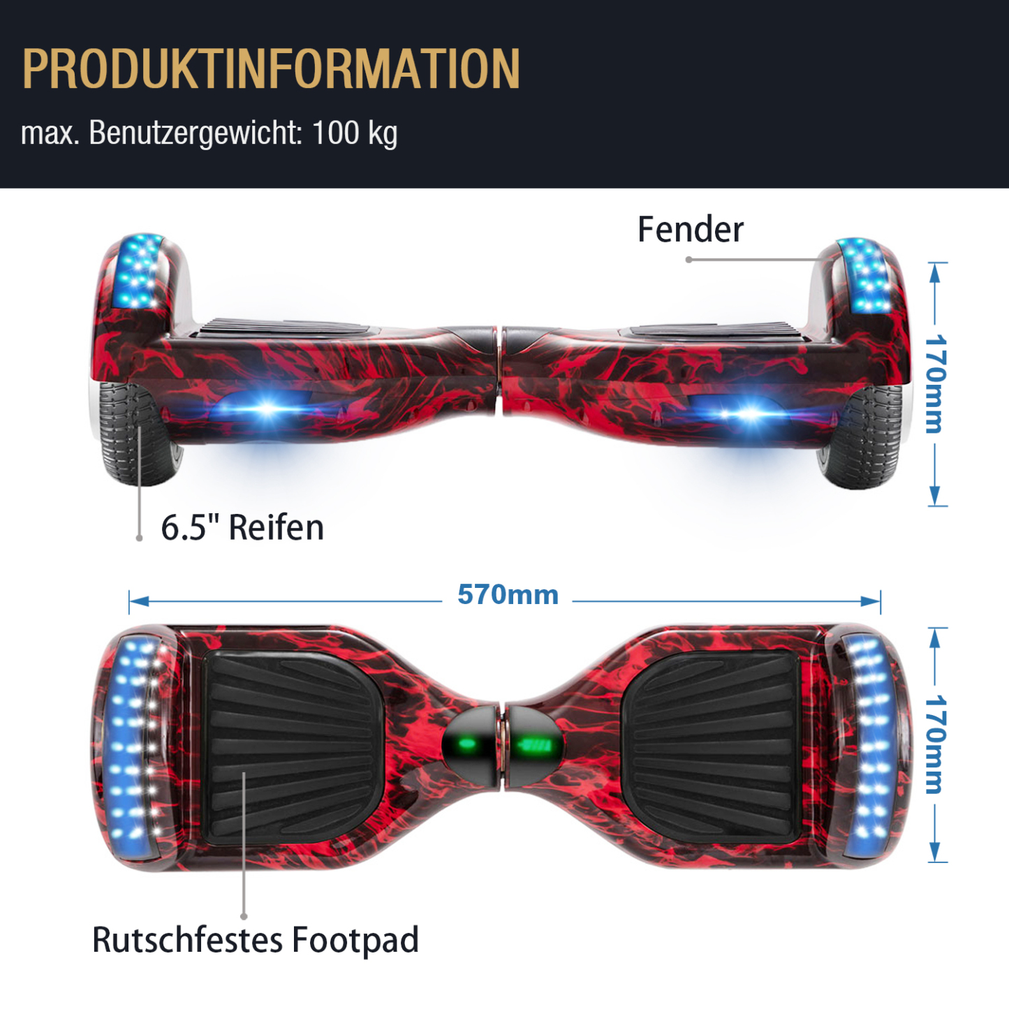 6,5 Zoll Flammenrot Hoverboard für Kinder Bluetooth Lautsprecher Musik LED Lichter Deutschland