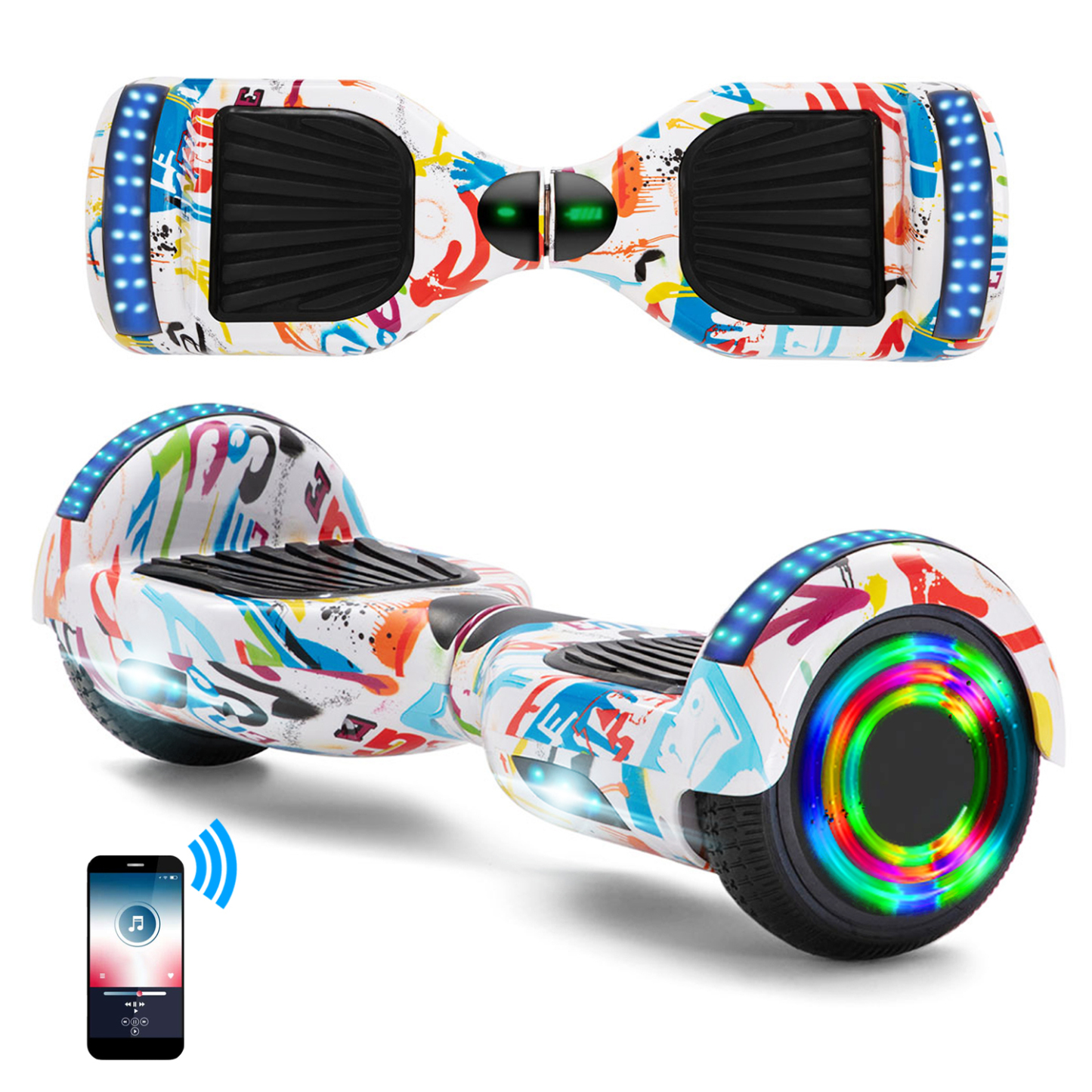 Neues 6,5" weiße Graffiti Hoverboard für Kinder, mit Bluetooth Musik Lautsprecher und Disco LED Licht - 500W 12km/h-Hoverboarde