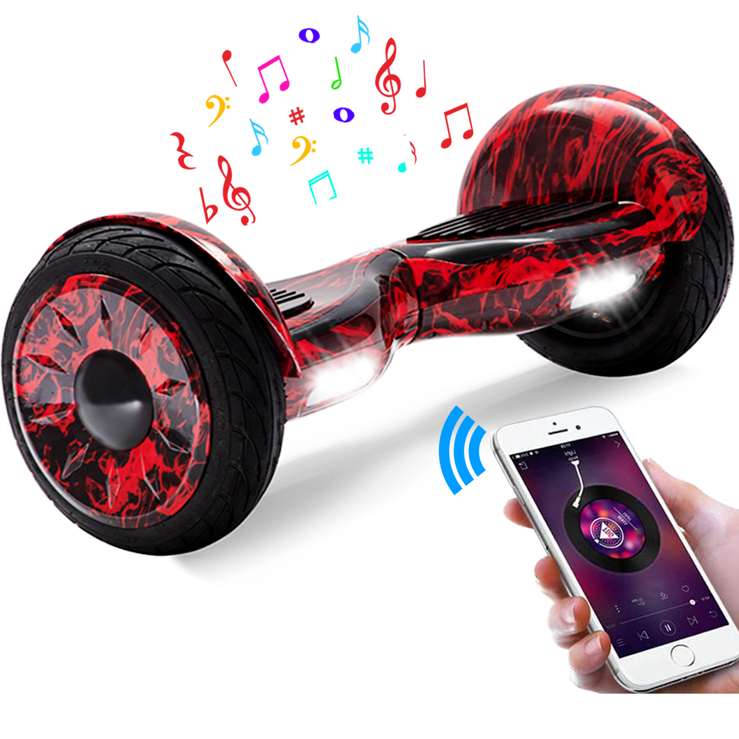 10" rote Flamme Hoverboard mit Bluetooth, Musik Lautsprecher und Led Leuchten - 700W 15km/h