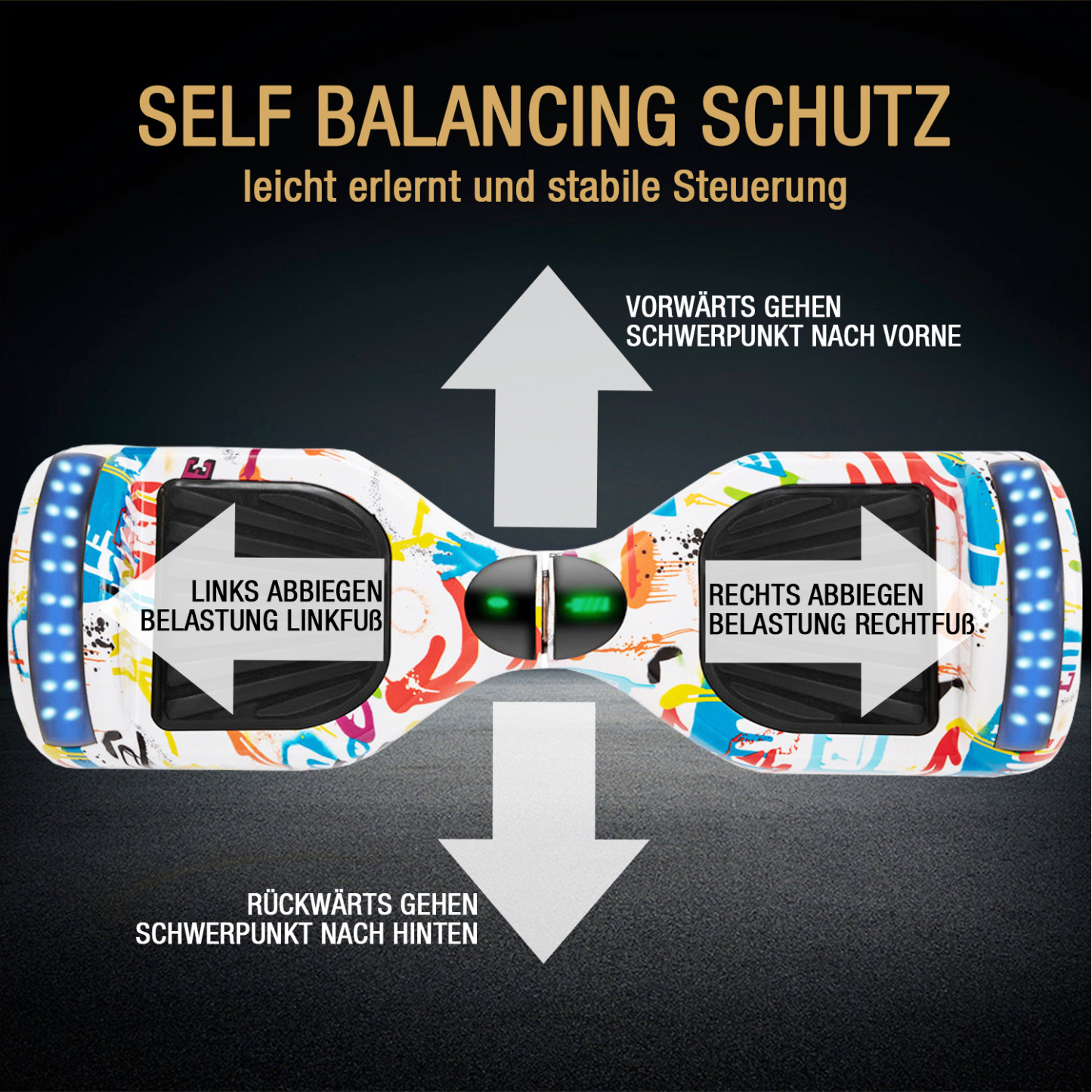 Neues 6,5" Graffiti Hoverboard weiß mit Bluetooth Musik Lautsprecher und LED Licht - 500W 12km/h-Hoverboarde