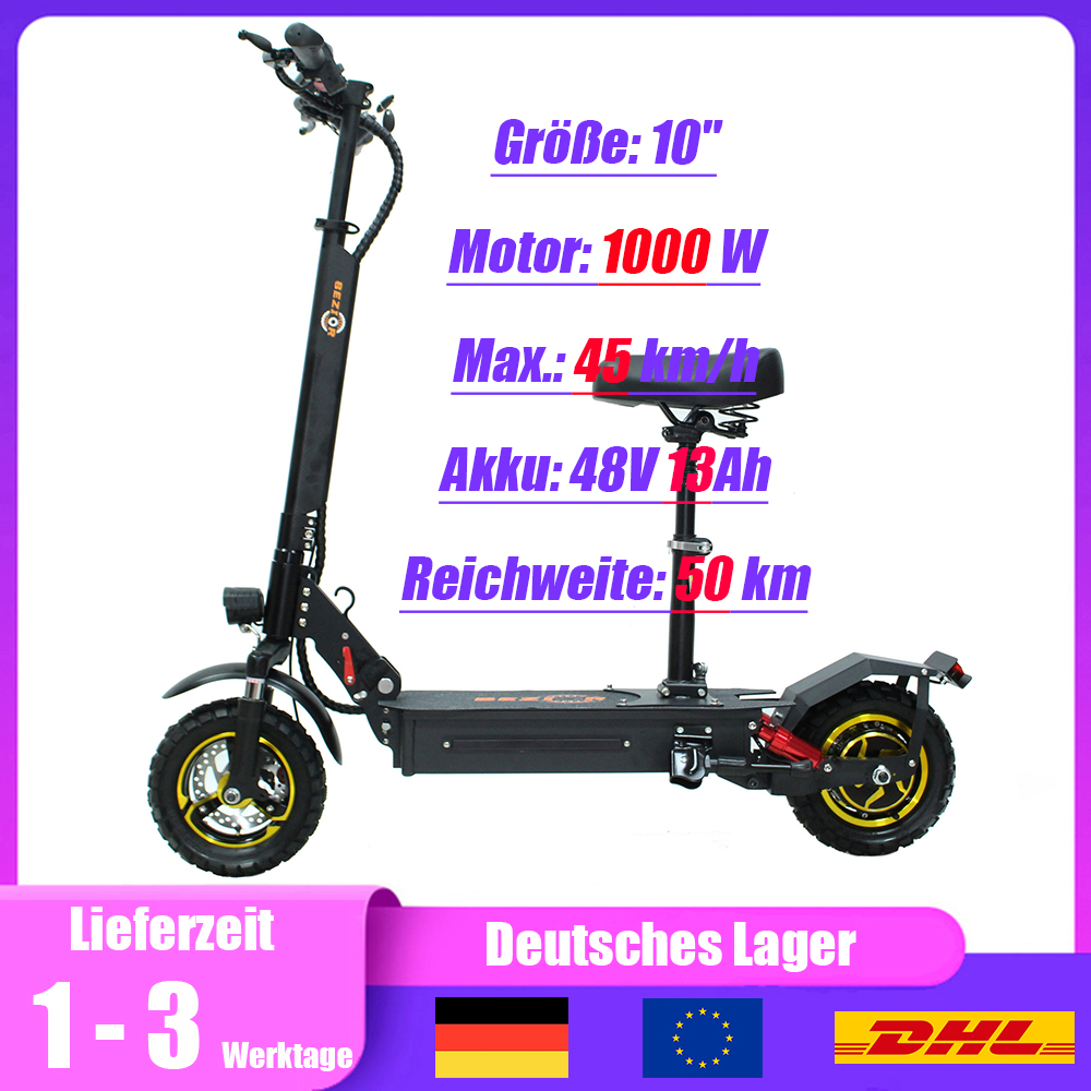 10-Zoll E-Scooter ohne Straßenzulassung, E-Roller mit Sitz, 1000W Motor, Max. 45km/h, 48V 13Ah Akku, 50km Reichweite, Schwarz - BEZIOR-S1