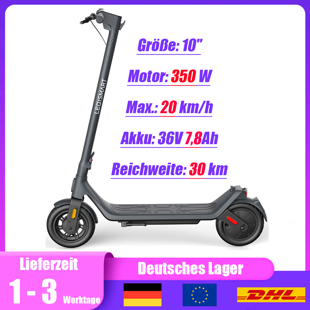 10-Zoll E-Scooter mit Straßenzulassung, 350W Motor, Max. 20km/h, 36V 7,8Ah Akku, 30km Reichweite, Schwarz, Weiß - A11