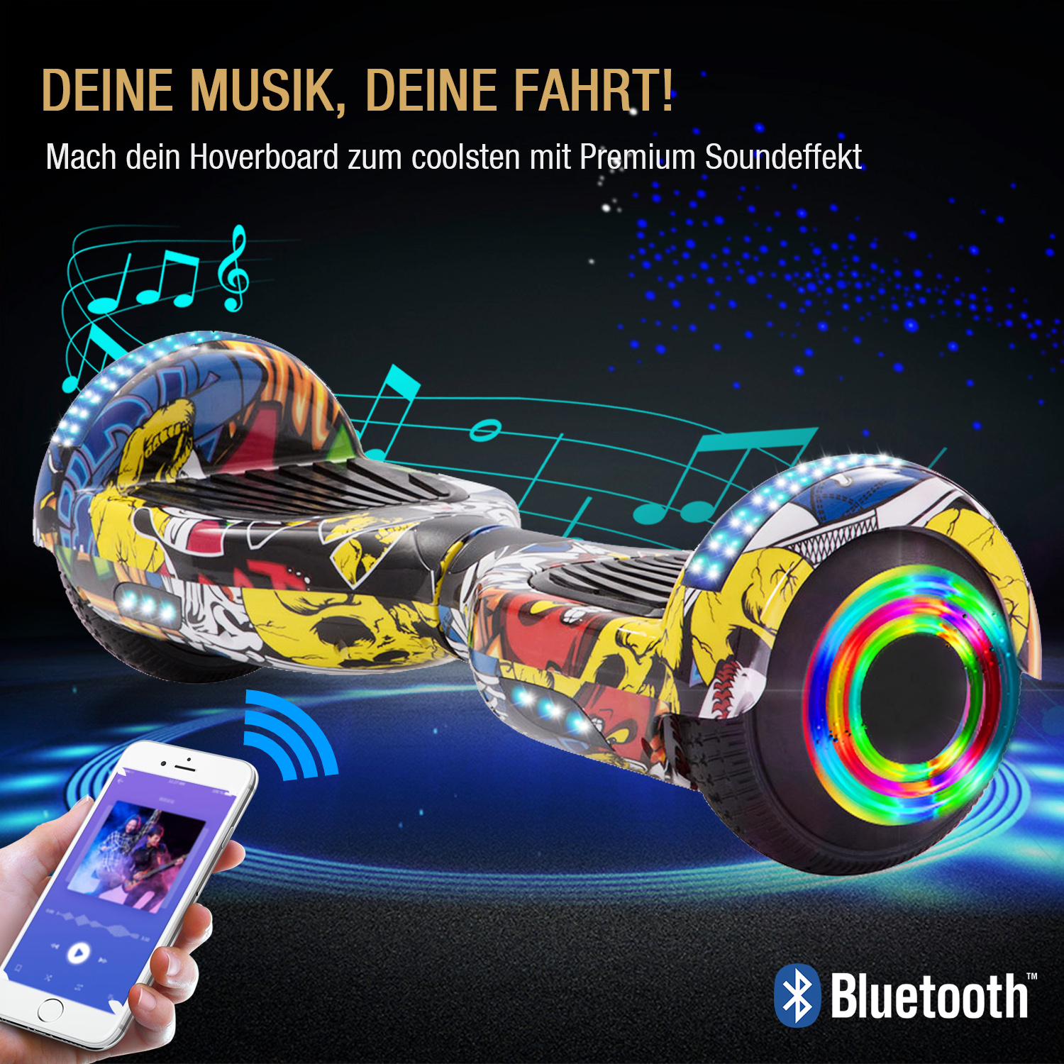 6,5 Zoll Graffiti-Gelb Hip Hop Hoverboard für Kinder Bluetooth Lautsprecher Musik LED Lichter Deutschland