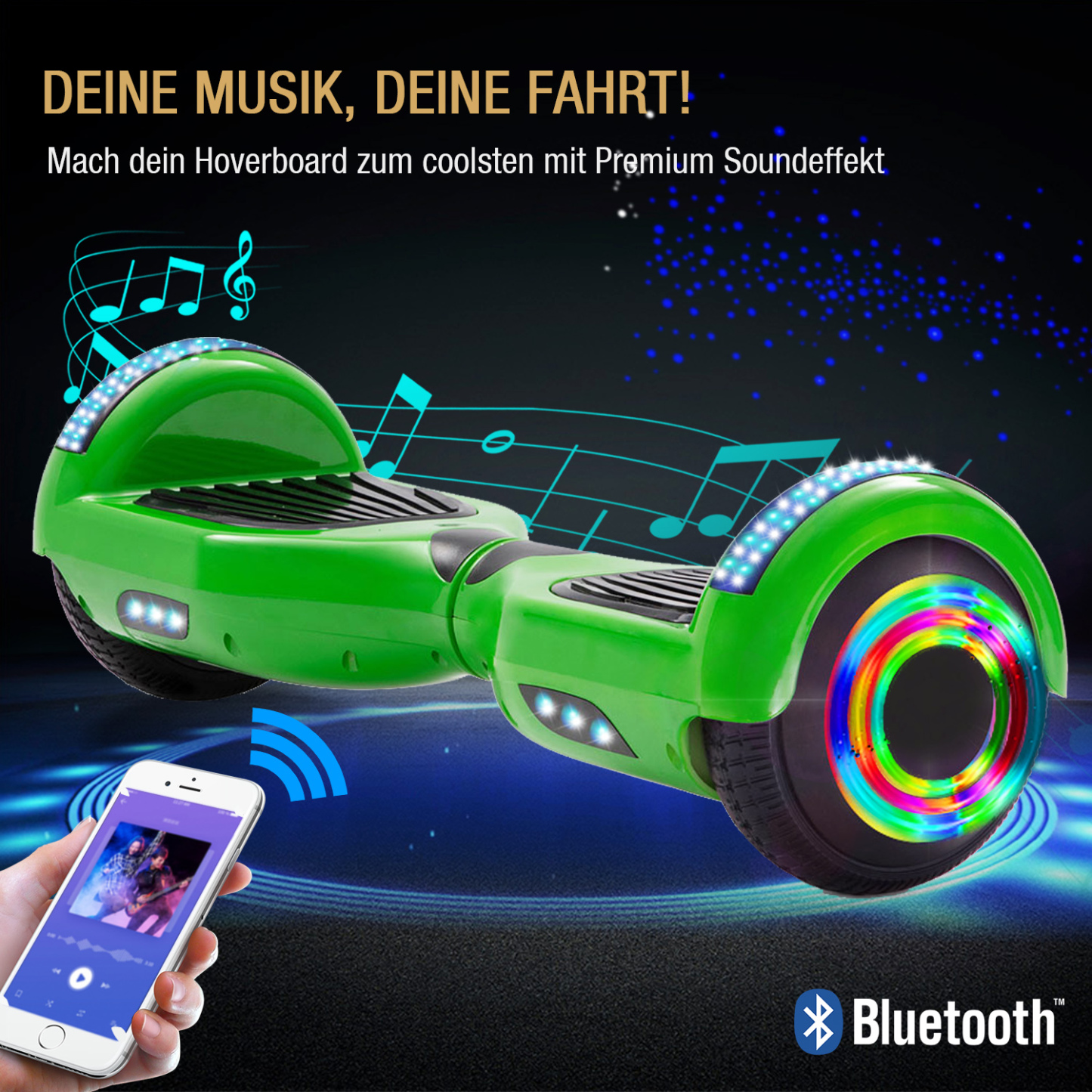 Neues 6,5" grünes Hoverboard für Kinder, mit Bluetooth Musik Lautsprecher und Disco LED Licht - 500W 12km/h-Hoverboarde