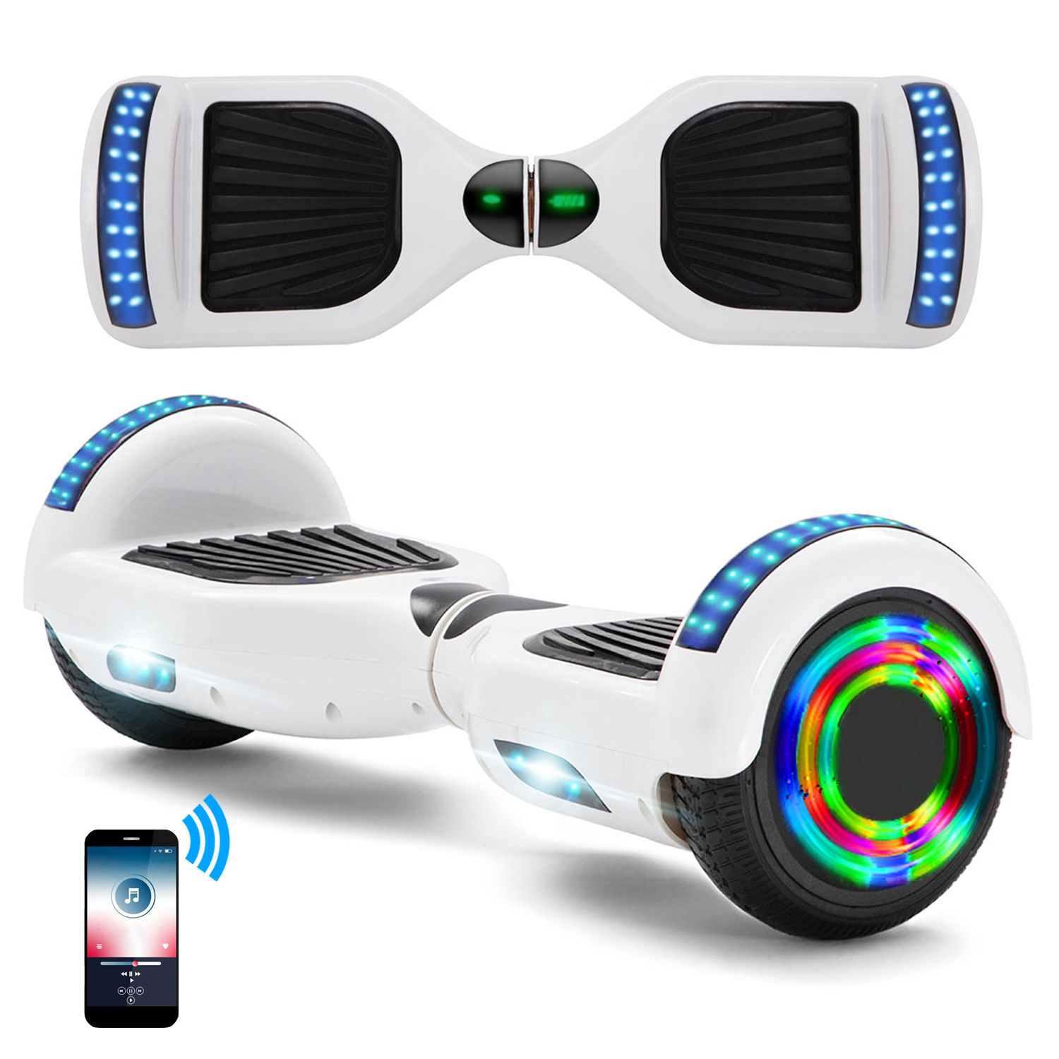 Neues 6,5" weißes Hoverboard für Kinder, mit Bluetooth Musik Lautsprecher und Disco LED Licht - 500W 12km/h-Hoverboarde