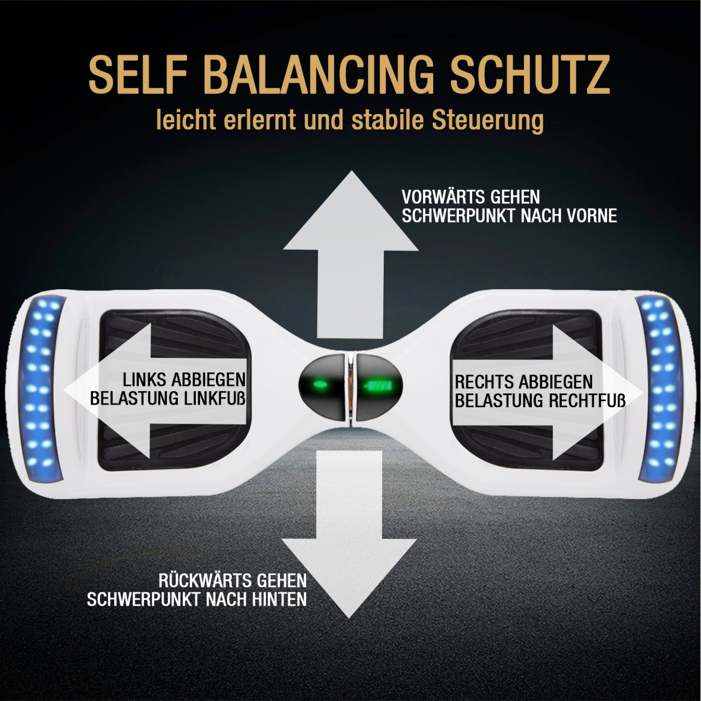 Neues 6,5" weißes Hoverboard für Kinder, mit Bluetooth Musik Lautsprecher und Disco LED Licht - 500W 12km/h-Hoverboarde