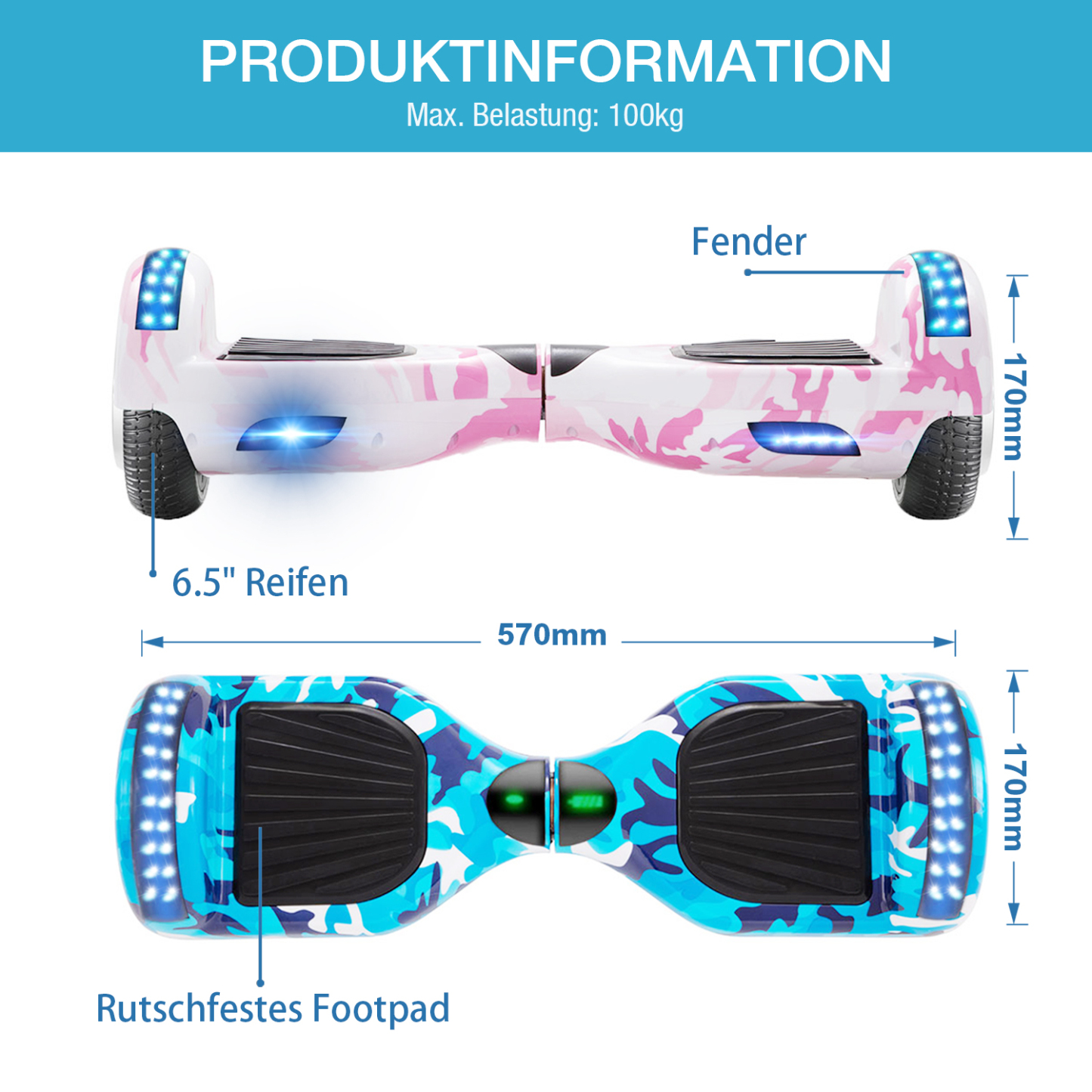 Neues 6,5" Galaxy Hoverboard blau mit Bluetooth Musik Lautsprecher und LED Licht - 500W 12km/h-Hoverboarde