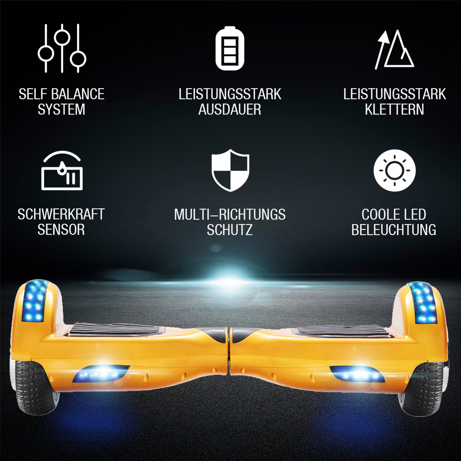 Neues 6,5" gold Hoverboard für Kinder, mit Bluetooth Musik Lautsprecher und Disco LED Licht - 500W 12km/h-Hoverboarde