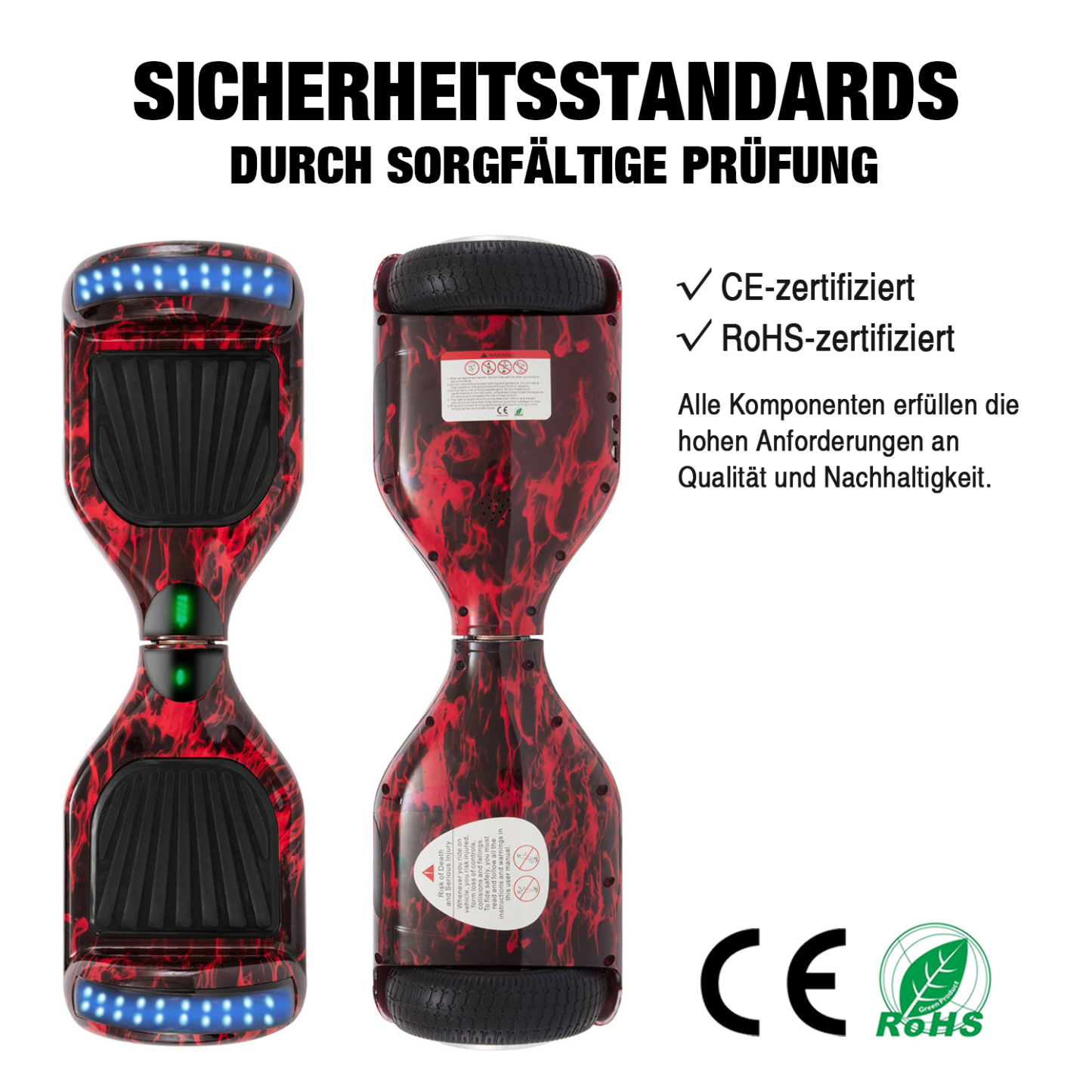6,5" Flamme Hoverboard rot mit Bluetooth, Musik Lautsprecher und Led Leuchten - 500W 12km/h
