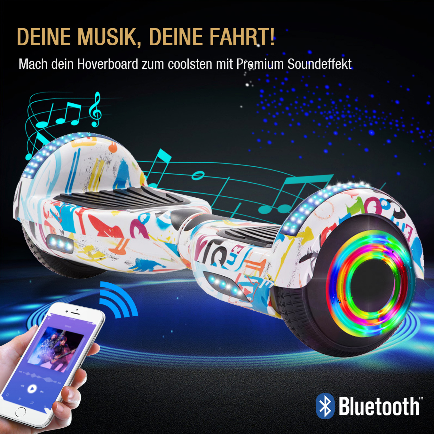 Neues 6,5" weiße Graffiti Hoverboard für Kinder, mit Bluetooth Musik Lautsprecher und Disco LED Licht - 500W 12km/h-Hoverboarde