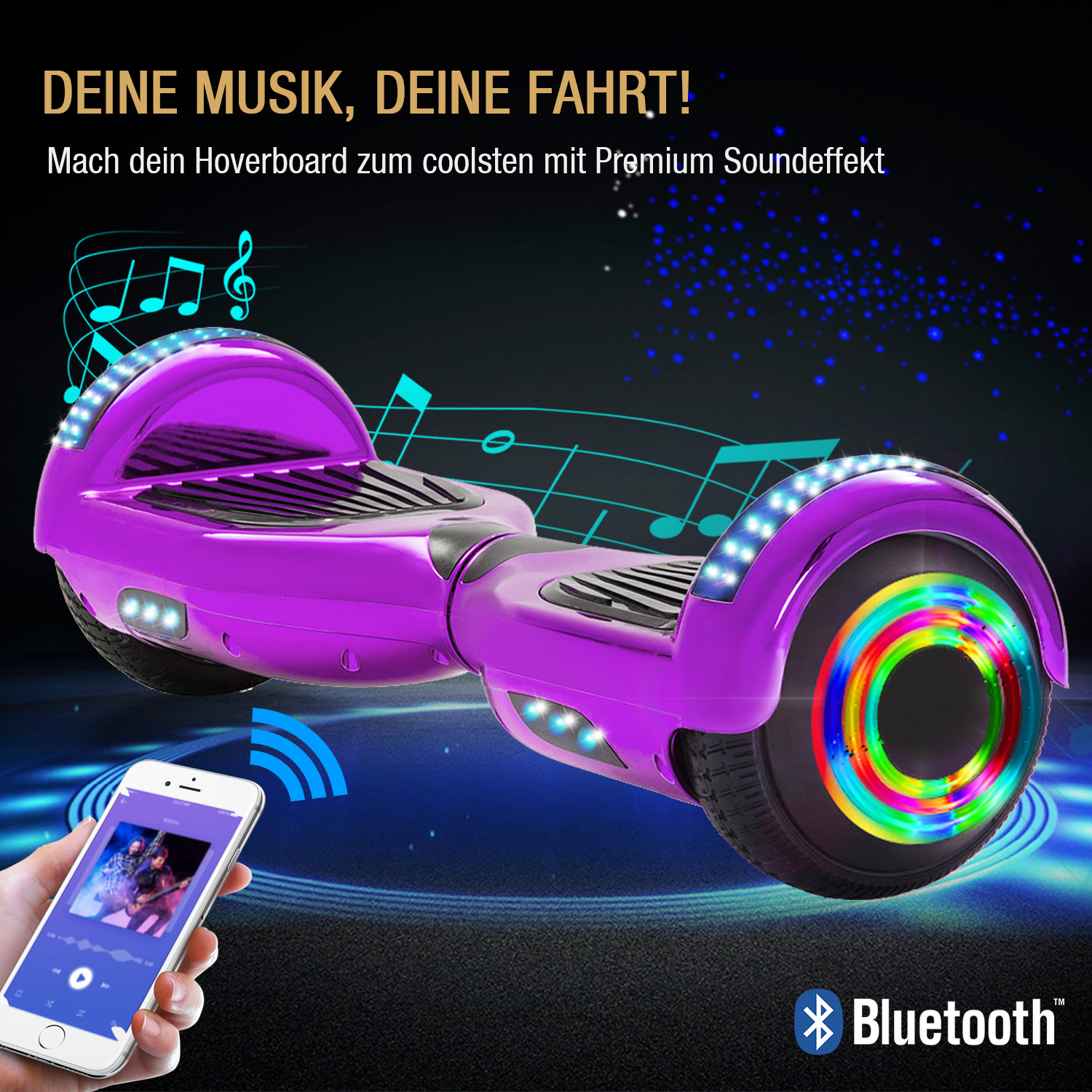 6,5 Zoll Chrom Lila Hoverboard für Kinder Bluetooth Lautsprecher Musik LED Lichter Deutschland