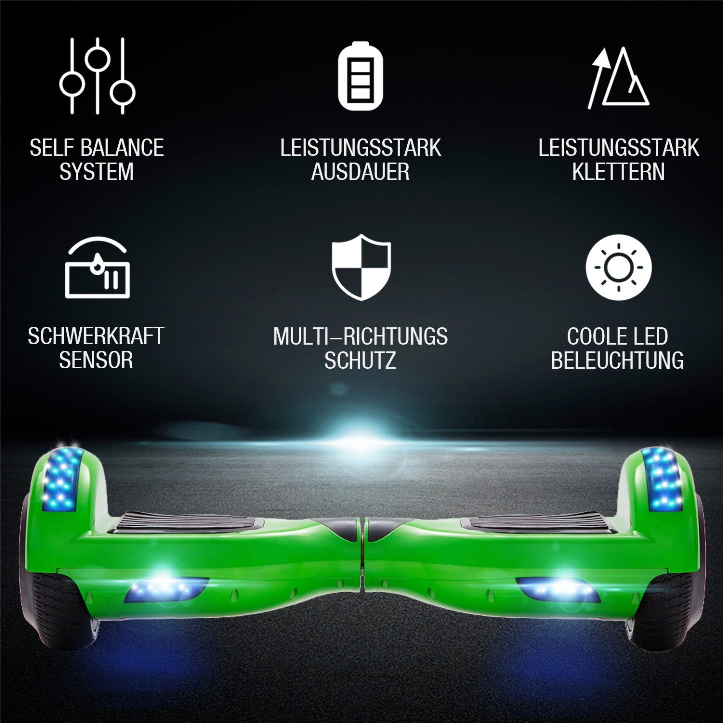 Neues 6,5" Hoverboard grün mit Bluetooth Musik Lautsprecher und LED Licht - 500W 12km/h-Hoverboarde