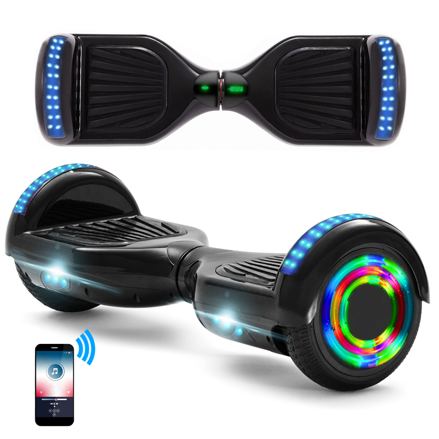 Neues 6,5" schwarzes Hoverboard für Kinder, mit Bluetooth Musik Lautsprecher und Disco LED Licht - 500W 12km/h-Hoverboarde
