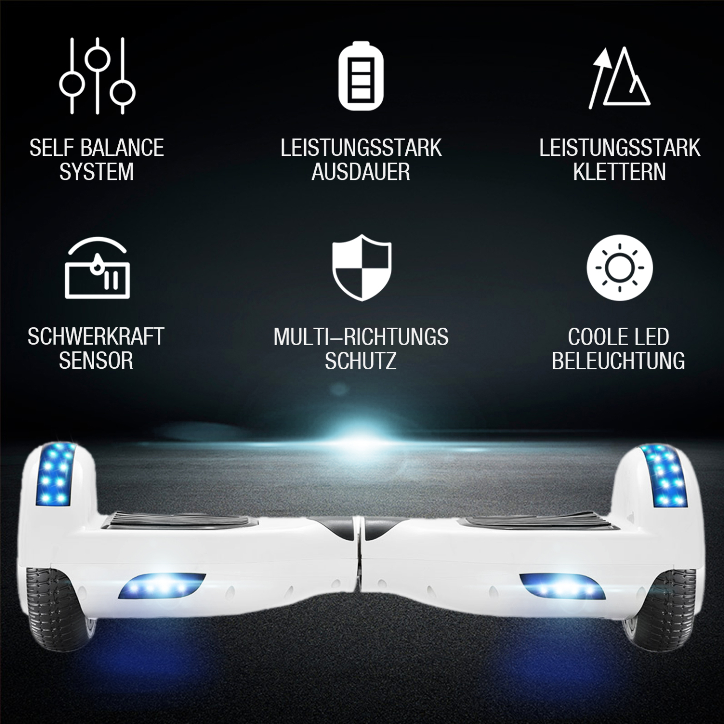 Neues 6,5" weißes Hoverboard für Kinder, mit Bluetooth Musik Lautsprecher und Disco LED Licht - 500W 12km/h-Hoverboarde