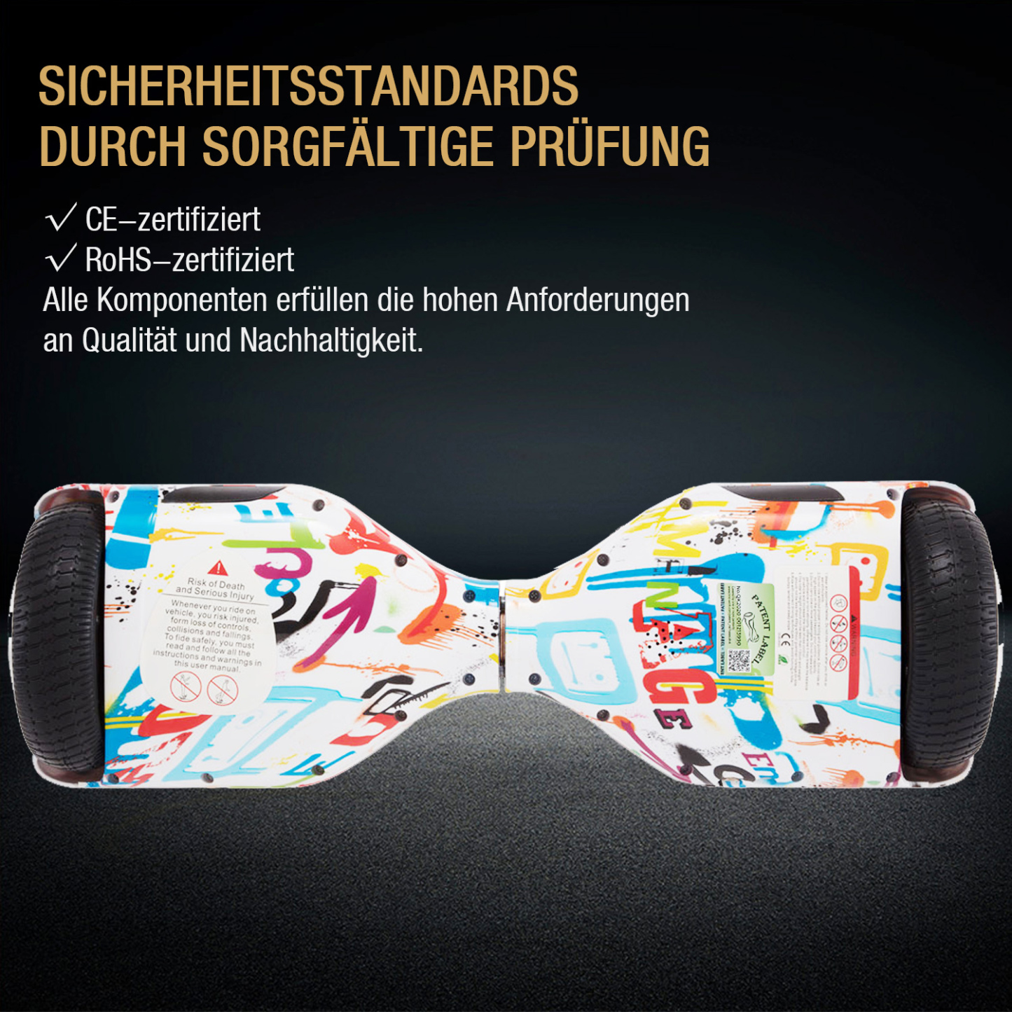 Neues 6,5" Graffiti Hoverboard weiß mit Bluetooth Musik Lautsprecher und LED Licht - 500W 12km/h-Hoverboarde