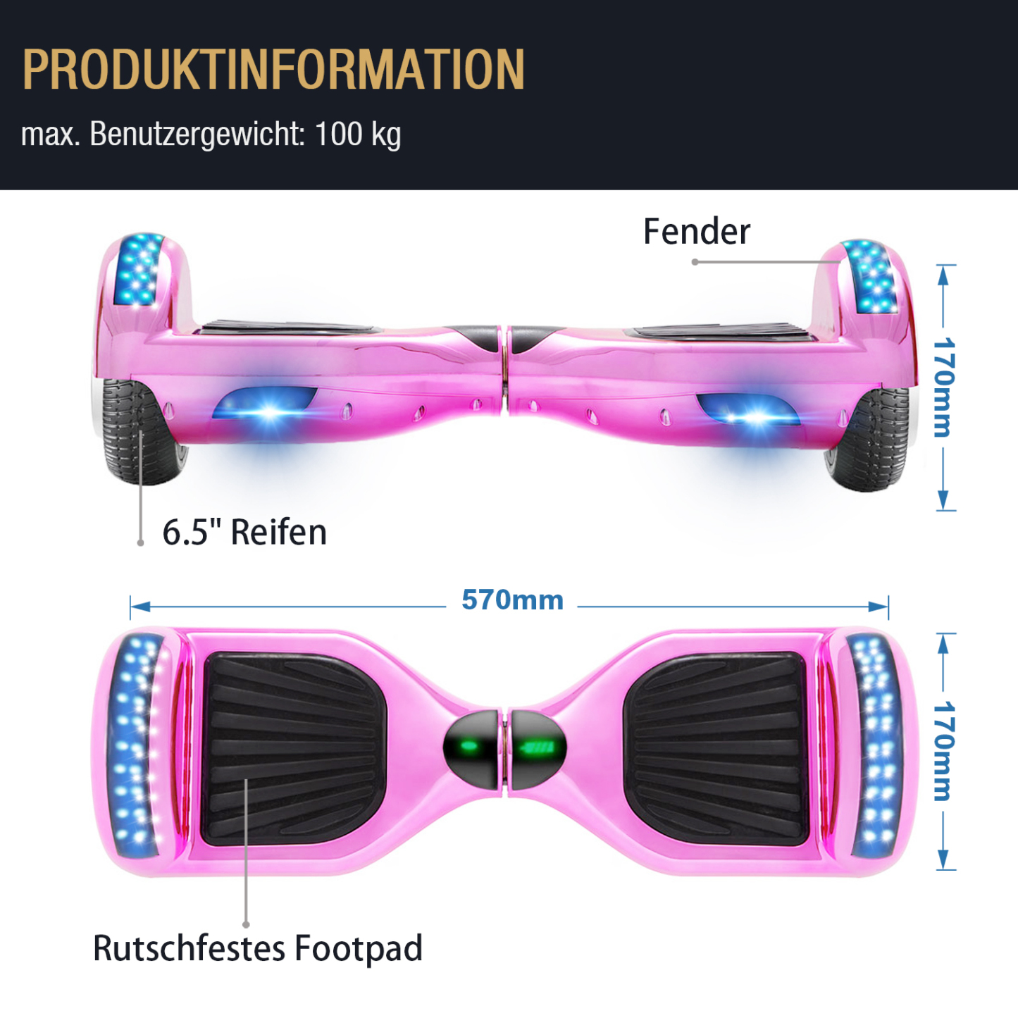 Neues 6,5" pink Hoverboard für Kinder, mit Bluetooth Musik Lautsprecher und Disco LED Licht - 500W 12km/h-Hoverboarde