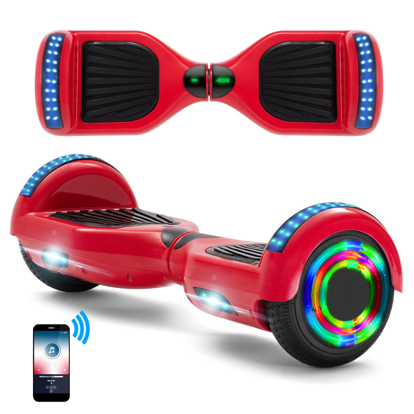 Neues 6,5" rotes Hoverboard für Kinder, mit Bluetooth Musik Lautsprecher und Disco LED Licht - 500W 12km/h-Hoverboarde