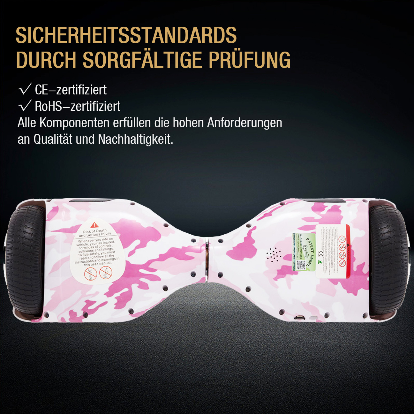 Neues 6,5" Camouflage pink Hoverboard für Kinder, mit Bluetooth Musik Lautsprecher und Disco LED Licht - 500W 12km/h-Hoverboarde